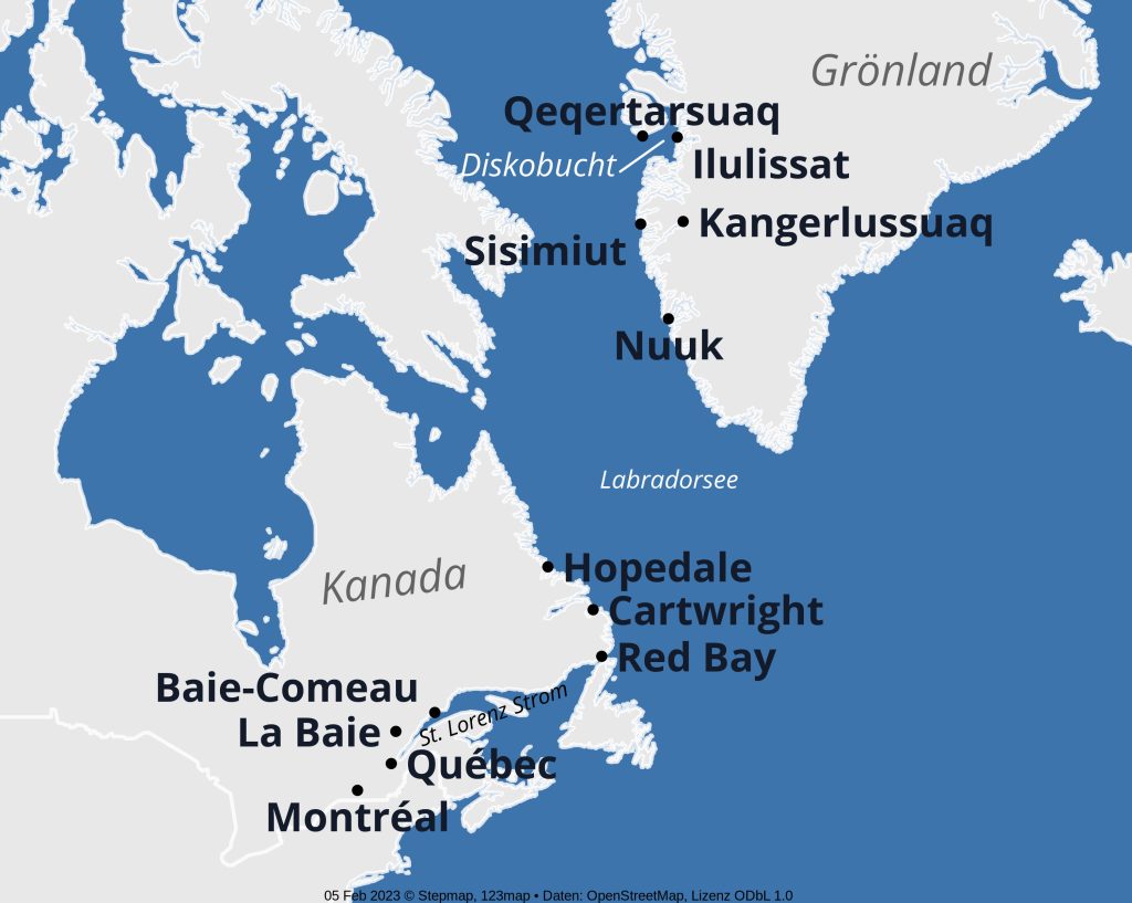 Karte-MS-Hamburg-Grönland-Neufundland-St-Lorenz-Strom 2023